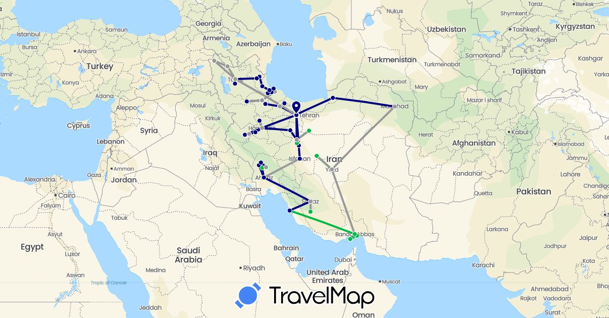 TravelMap itinerary: driving, bus, plane in Iran (Asia)